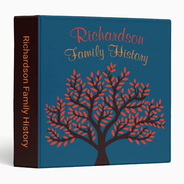 Bright Red Leaf Blue Teal Family History Genealogy 3 Ring Binder (Front/Spine)
