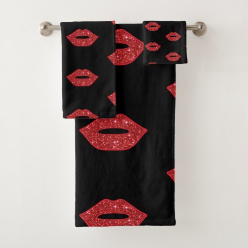 Bright Red Lips Glitter Kisses Elegant Feminine Bath Towel Set