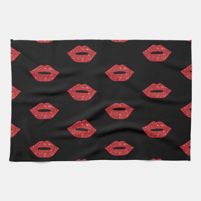 Bright Red Lips Glitter Kisses Elegant Feminine Kitchen Towel (Horizontal)