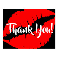 Bright Red Lipstick Big Kiss Black Thank You Postcard