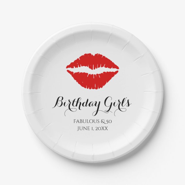 Bright Red Lipstick Fabulous & 50 Birthday Party Paper Plates (Front)