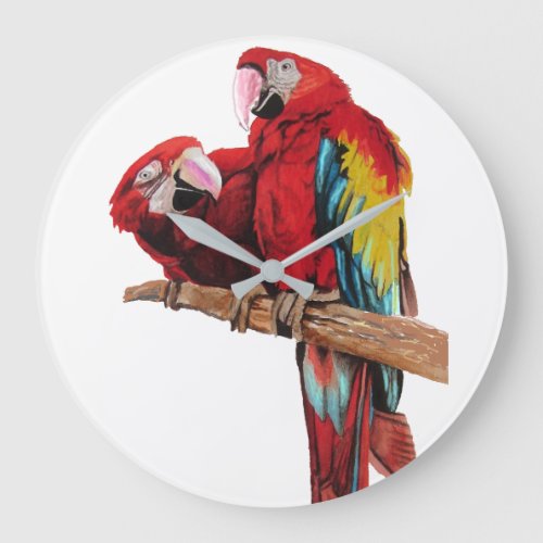 Bright Red Macaw Parrots Watercolor Art Wall Clock