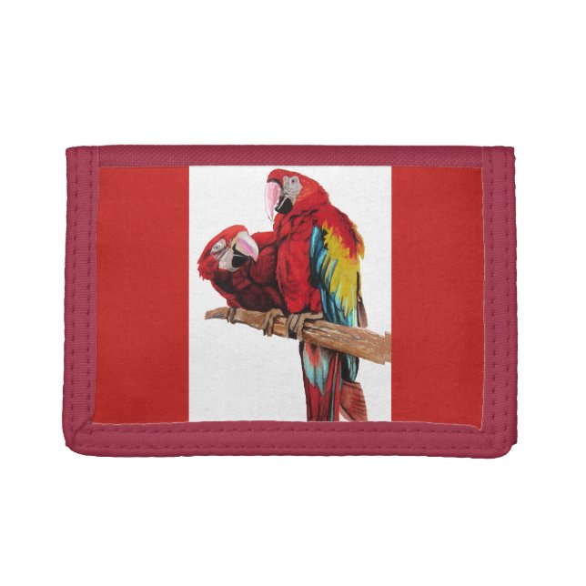 Bright Red Macaw Parrots Watercolor Art Wallet (Front)