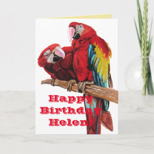 Bright Red Macaw Parrots Watercolor Birthday Card