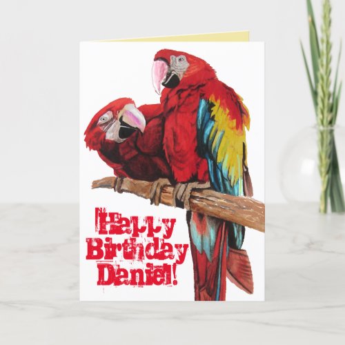 Bright Red Macaw Parrots Watercolor Birthday Card