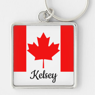 Bright Red Maple Leaf Canada Flag Custom Name Keychain
