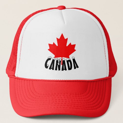 Bright Red Maple Leaf Canada Snow Capped Text Trucker Hat