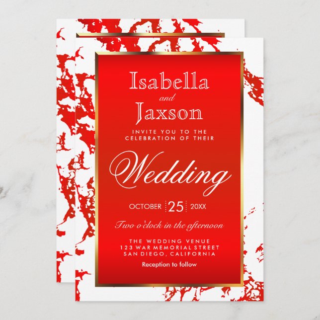 Bright Red Marble, Gold and White Invitation (Front/Back)