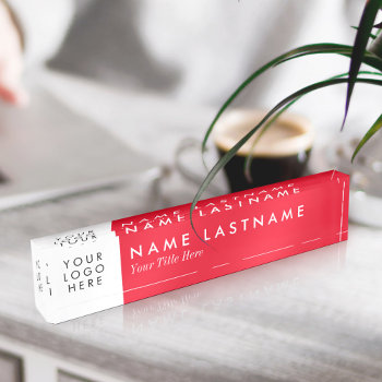 Bright Red Minimalist Custom Logo Desk Name Plate by pinkpinetree at Zazzle