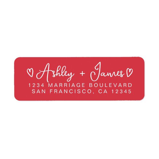 Bright Red Modern Script Hearts Return Address Label (Front)