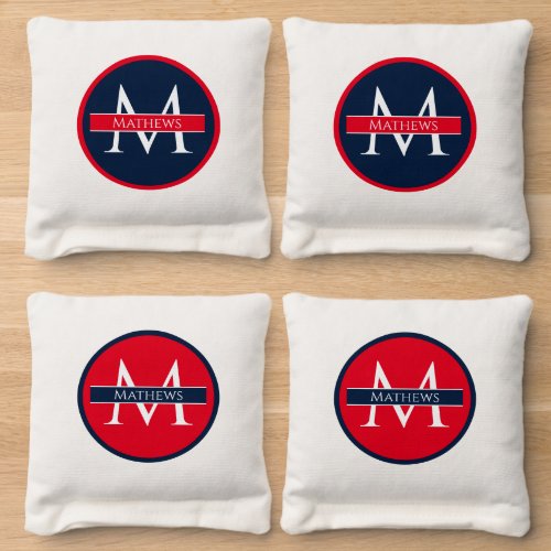 Bright Red  Navy Blue and White Modern Family Co Cornhole Bags