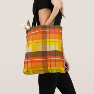 BRIGHT RED ORANGE YELLOW BROWN FALL PLAID PATTERNS TOTE BAG