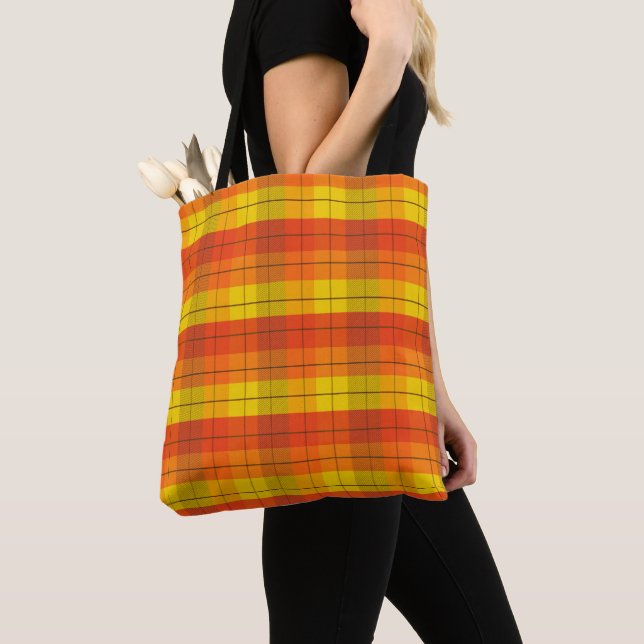 BRIGHT RED ORANGE YELLOW FALL PLAID PATTERNS TOTE BAG (Close Up)