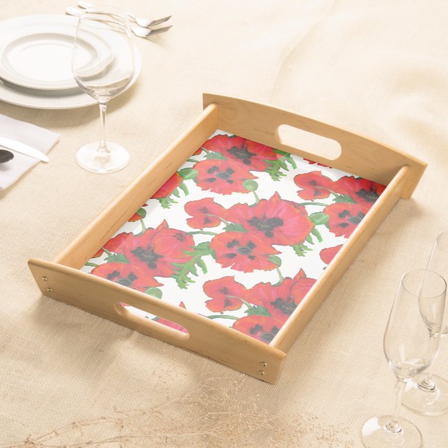 Bright Red Oriental Poppies on White to Customize Serving Tray (Front)