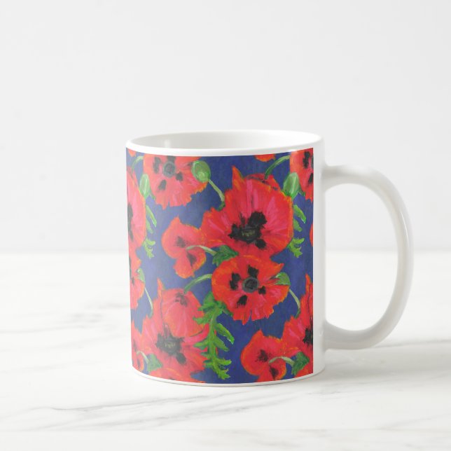 Bright Red Oriental Poppies Pattern on Blue Coffee Mug (Right)