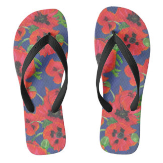 Bright Red Oriental Poppies Pattern on Blue Flip Flops