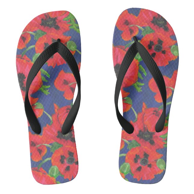 Bright Red Oriental Poppies Pattern on Blue Flip Flops (Footbed)