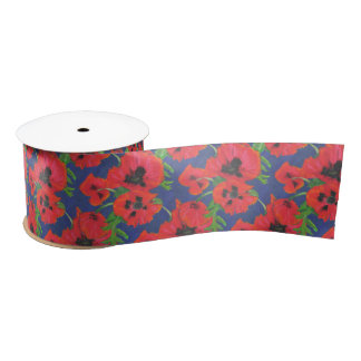 Bright Red Oriental Poppies Pattern on Blue Satin Ribbon