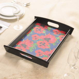 Bright Red Oriental Poppies Pattern on Blue Serving Tray