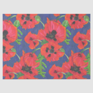 Bright Red Oriental Poppies Pattern on Blue Tissue Paper