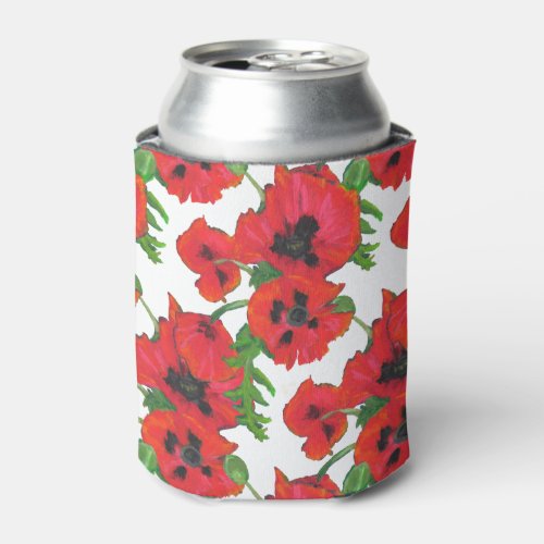 Bright Red Oriental Poppies Pattern on White Can Cooler