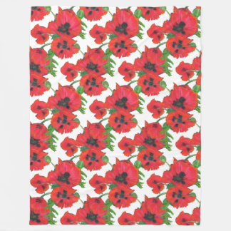Bright Red Oriental Poppies Pattern on White Fleece Blanket