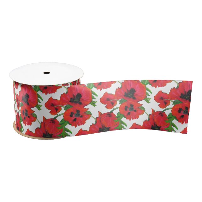 Bright Red Oriental Poppies Pattern on White Satin Ribbon (Spool)