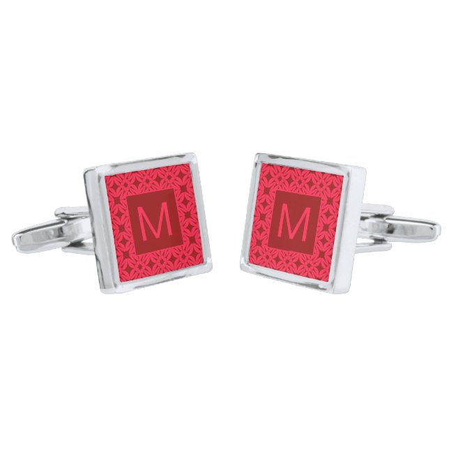 Bright Red Ornate Pattern Monogrammed Cufflinks (Angled)