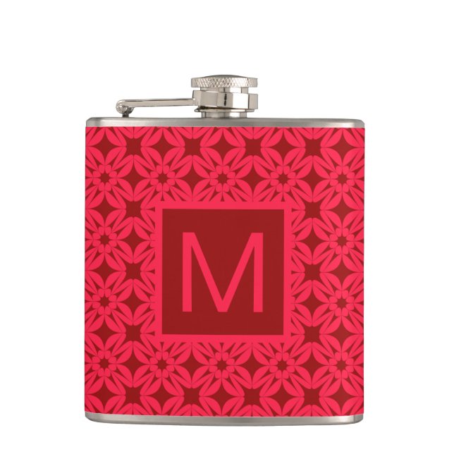 Bright Red Ornate Pattern Monogrammed Flask (Front)
