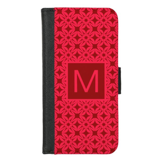 Bright Red Ornate Pattern Monogrammed iPhone Wallet Case (Front)
