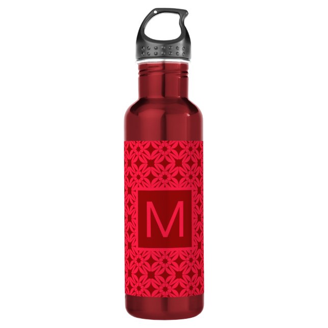 Bright Red Ornate Pattern Monogrammed Stainless Steel Water Bottle (Front)
