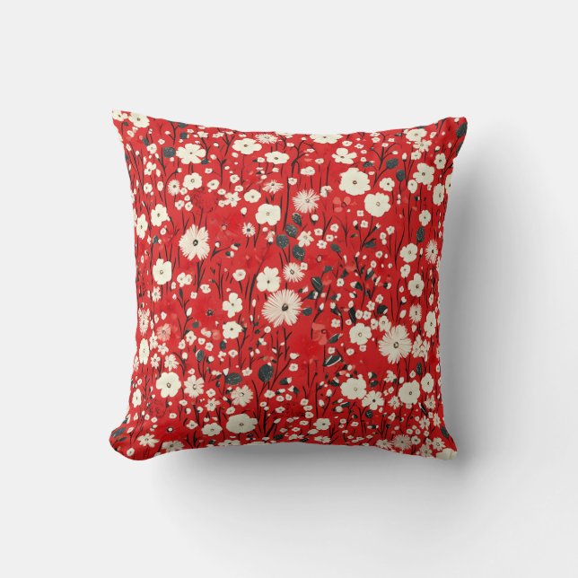 Bright Red Pillow with White and Pink Flowers (Front)