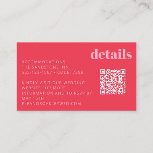 Bright Red Pink Modern Wedding Details QR Code Enclosure Card