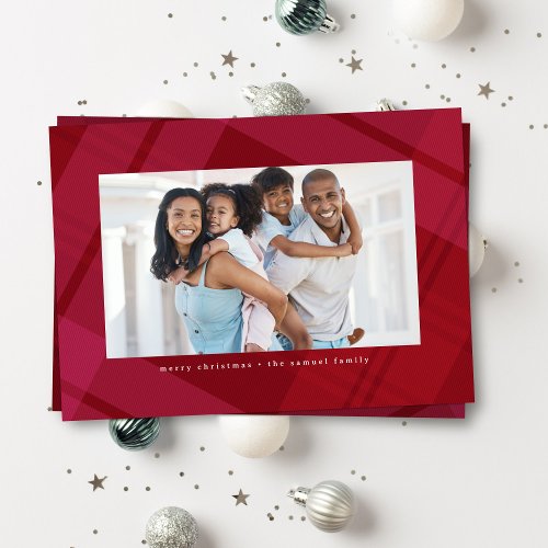 Bright red pink plaid simple Christmas two photo Holiday Card