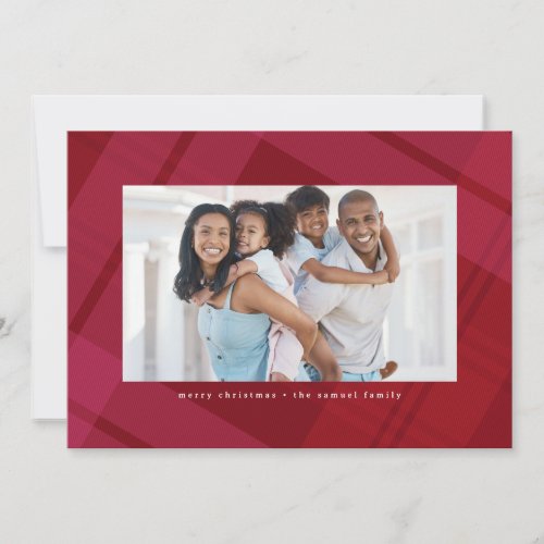 Bright red pink plaid simple Christmas two photo Holiday Card