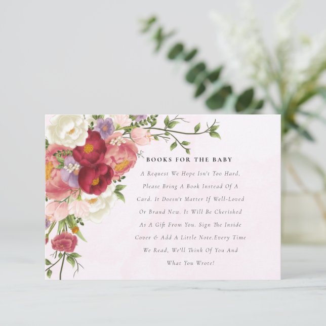 Bright Red Pink white Flower Books For Baby Shower Enclosure Card (Standing Front)