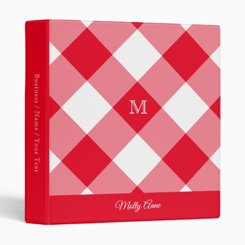 Bright Red Plaid Gingham Monogram Office School 3 Ring Binder