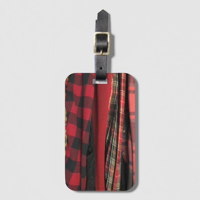 Bright Red Plaid Print Luggage Tag (Front Vertical)