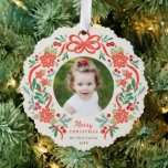 Bright Red Poinsettia and Greenery Christmas Photo Ornament Card<br><div class="desc">Celebrate the holiday season with this beautifully designed Christmas photo ornament card. This festive card features a circular scalloped edge design with a customizable family photo space at the center, surrounded by vibrant red poinsettia flowers, green holiday motifs, including holly berries, leaves, and decorative red ribbon bow. Perfect for creating...</div>