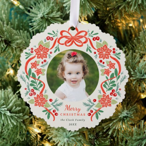 Bright Red Poinsettia and Greenery Christmas Photo Ornament Card