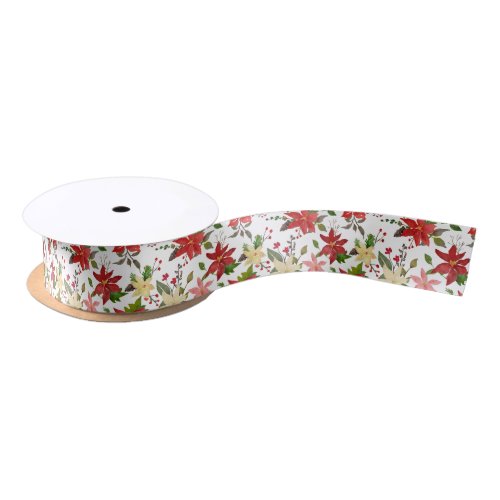 Bright Red Poinsettia Floral Pattern Christmas  Satin Ribbon