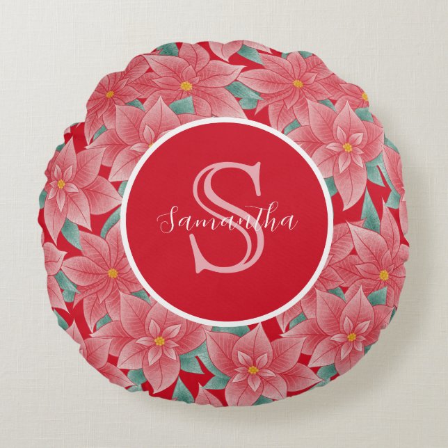 Bright Red Poinsettia Personalized Monogram Round Pillow (Front)