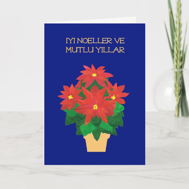 Bright Red Poinsettias Turkish Greeting Holiday Card (Front)