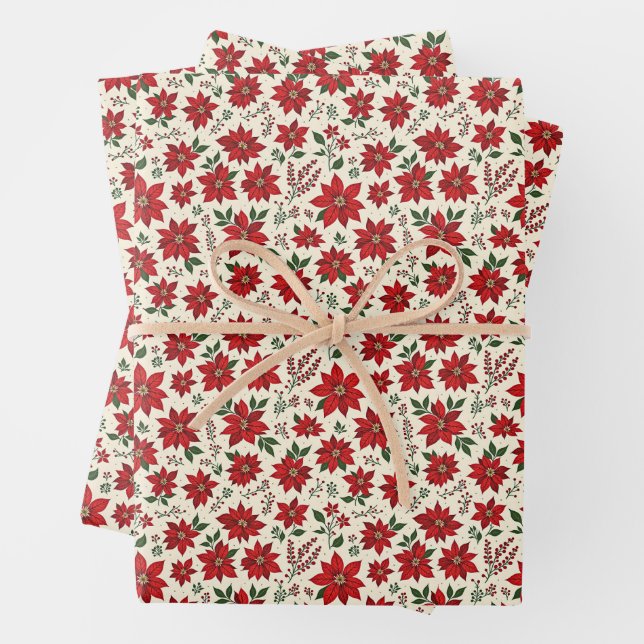 Bright Red Poinsettias Wrapping Paper Sheets (In situ)