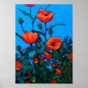 Bright Red Poppies: Blue Sky: Oil Painting Poster