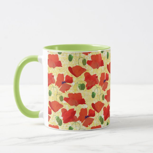 Bright Red Poppies Pattern on Cornfield Yellow Mug (Left)
