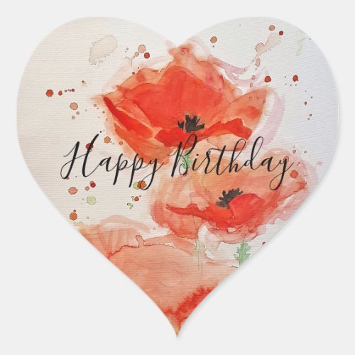 Bright Red Poppies Watercolour Flat Birthday Card  Heart Sticker