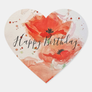 Bright Red Poppies Watercolour Flat Birthday Card Heart Sticker