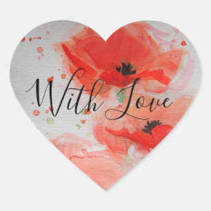 Bright Red Poppies Watercolour Flat Birthday Card Heart Sticker