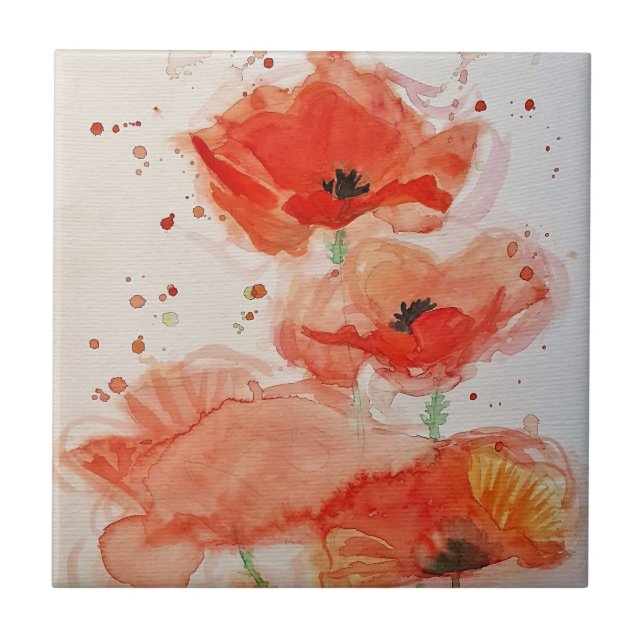 Bright Red Poppies Watercolour Flower Floral Ceramic Tile (Front)